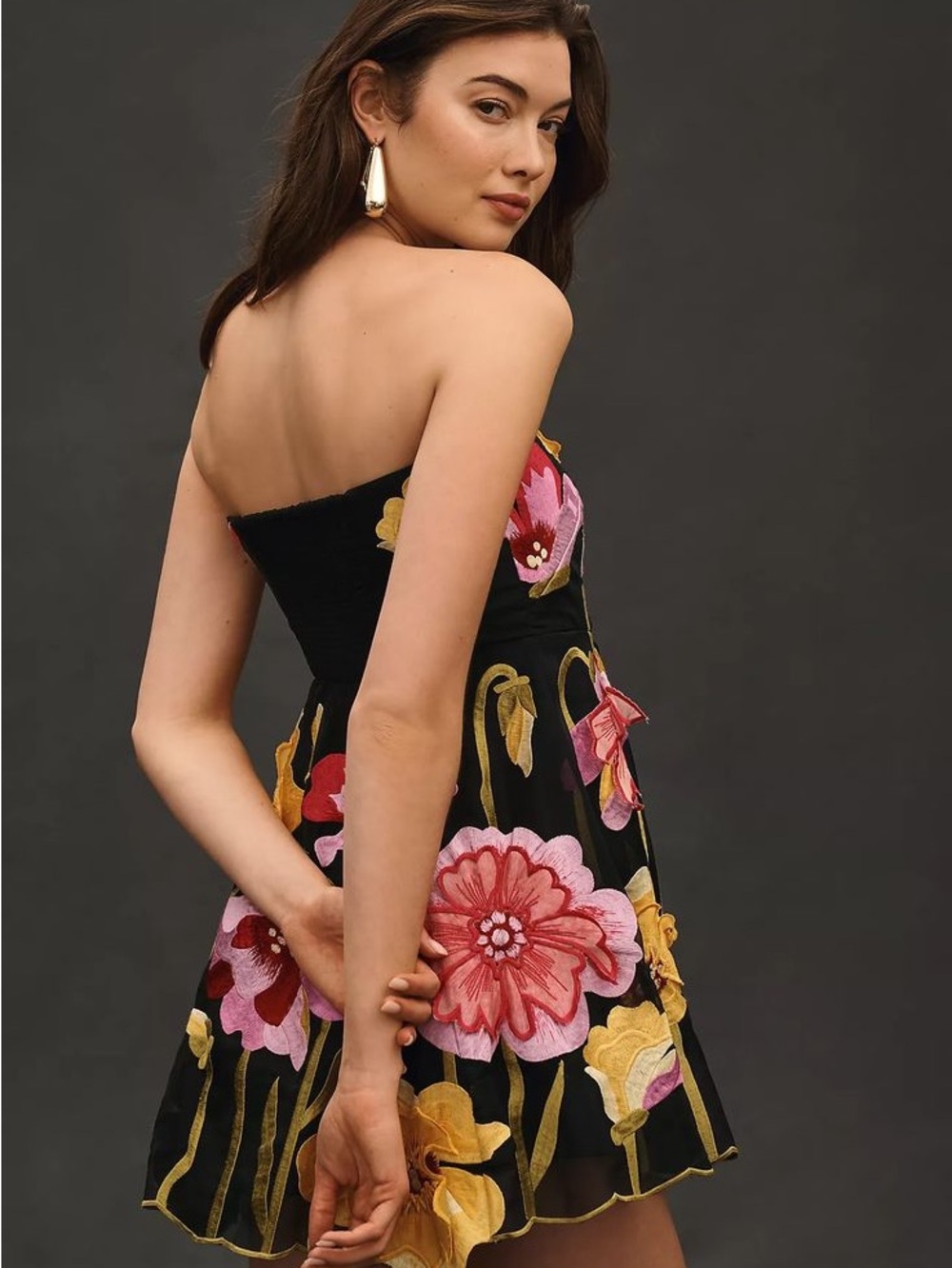 Anthropologie Black Strapless Dress with Yellow & Pink Floral Embroidery - Picture 4 of 7